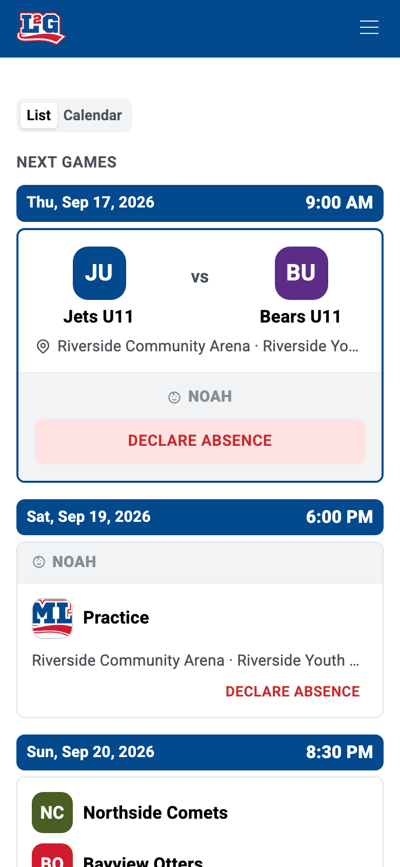 A parent's schedule: their child's game and practice, each marked with the child's name, then the game the parent plays in an adult league.