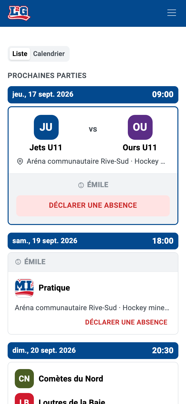 L'horaire d'un parent : la partie et la pratique de son enfant, chacune marquée du nom de l'enfant, puis la partie que le parent joue dans une ligue adulte.