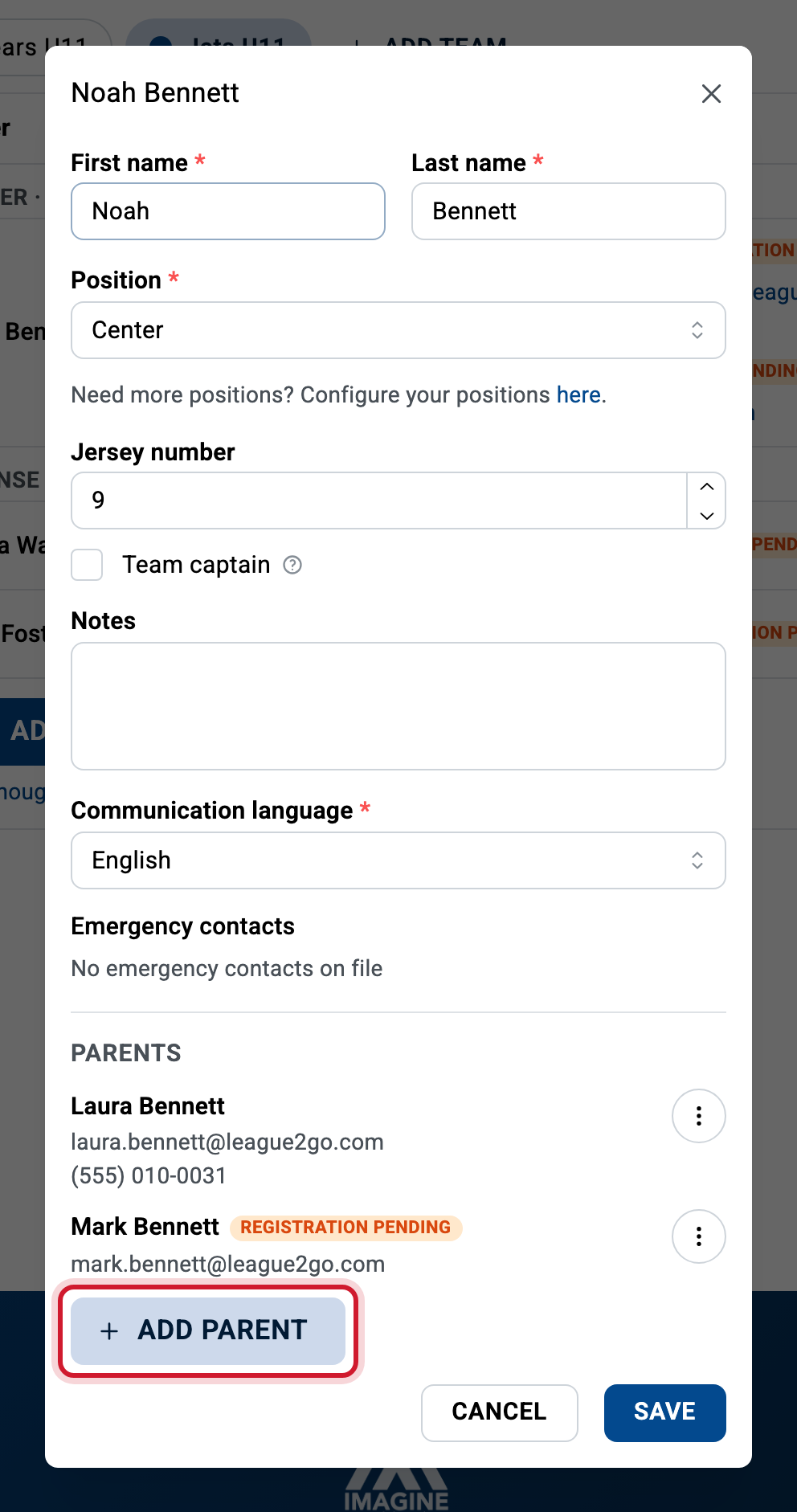 The player form in a youth league: no email or phone number for the child, a Parents section instead. Add parent adds another parent to the child.