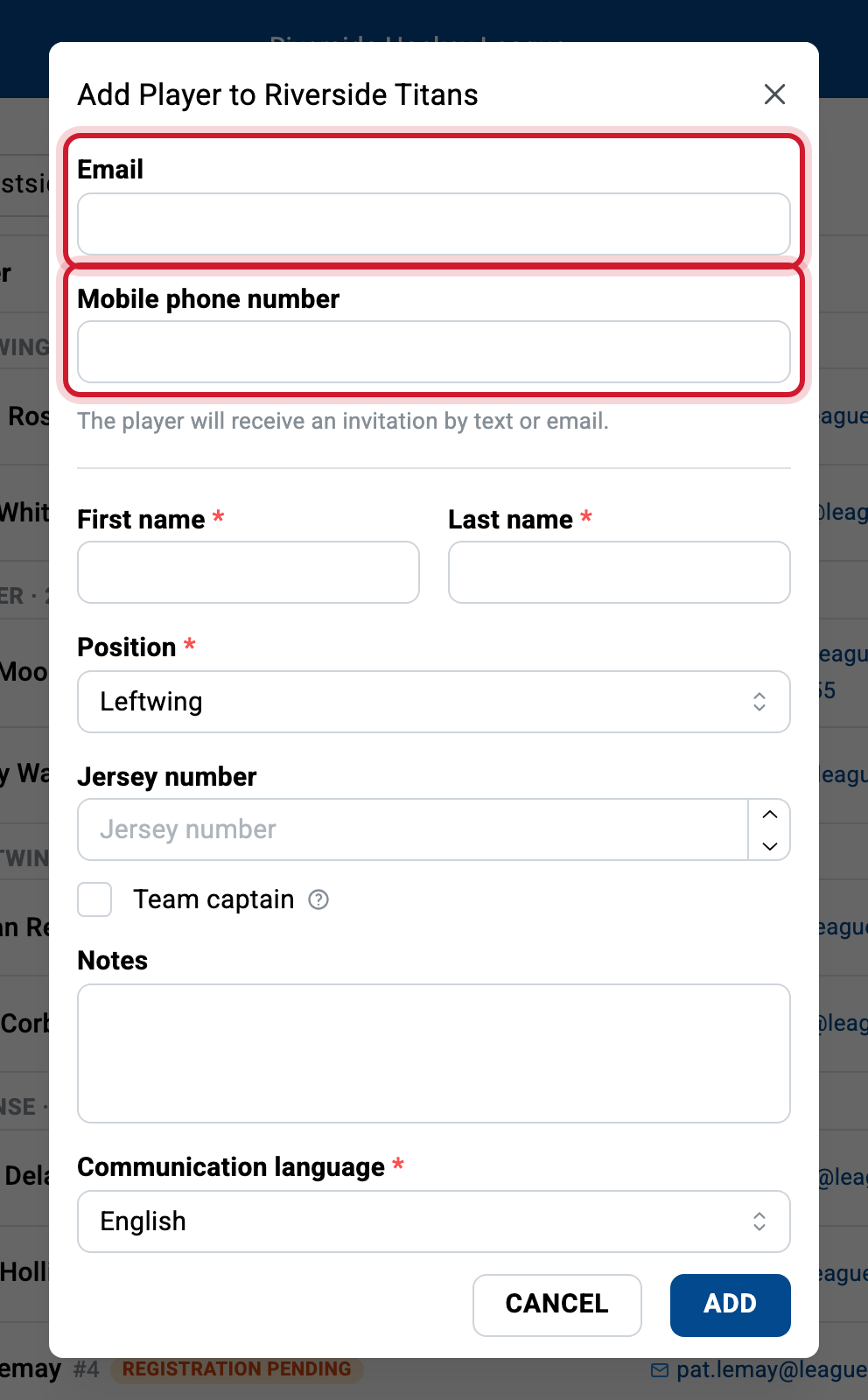 The add-player form: the email and cell number fields come first; they are how the player's account gets linked.
