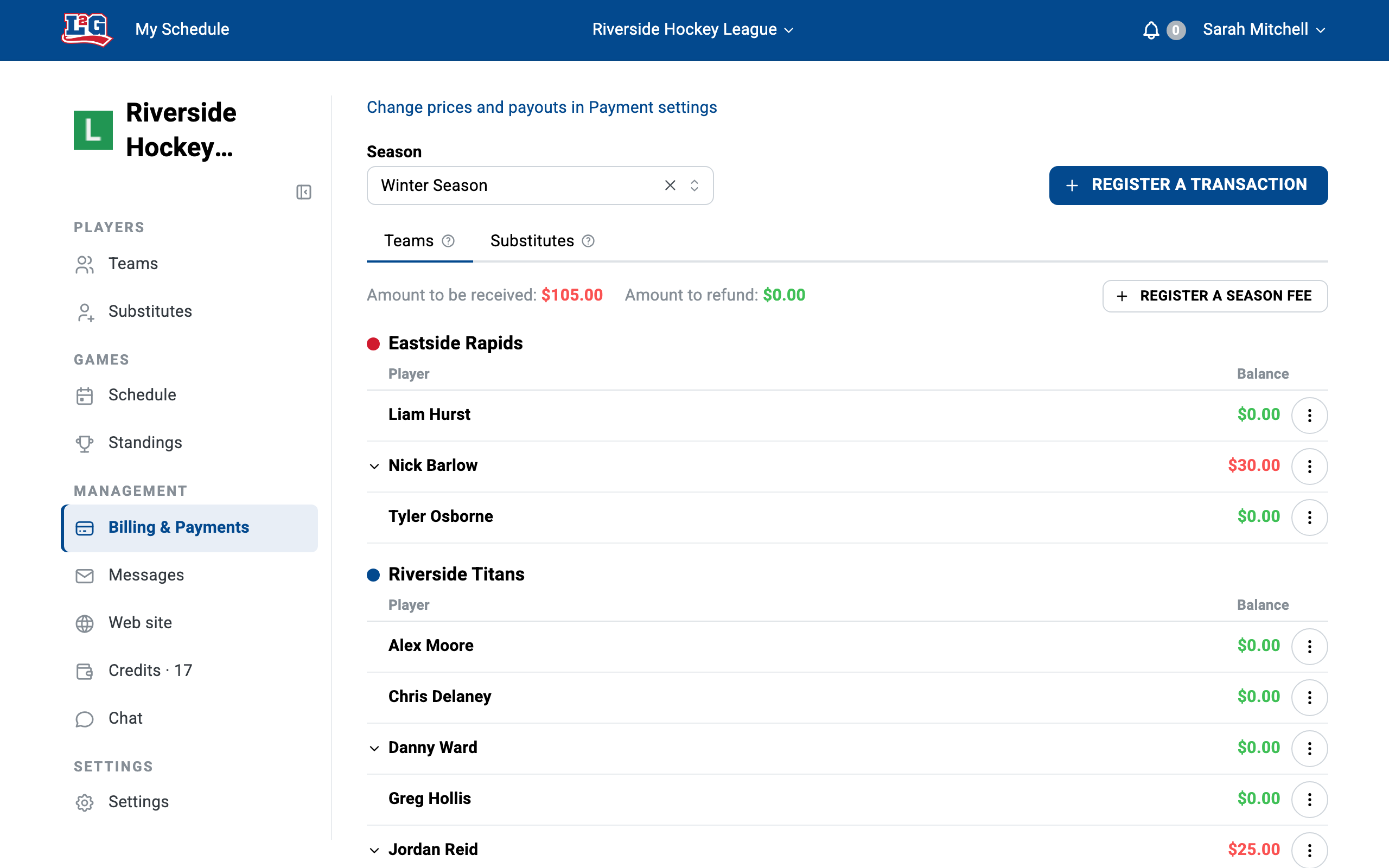 The league billing page: every player with their balance (red when they still owe money, green when their account is settled), with the season selector and the season fee action above the list.