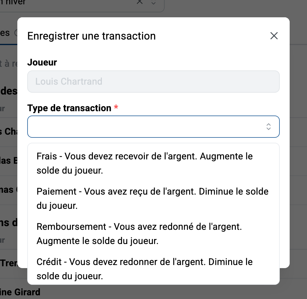 Enregistrement d'une transaction sur un joueur : la liste des types explique chacun des quatre types (frais, paiement, remboursement et crédit) et son effet sur la balance du joueur.