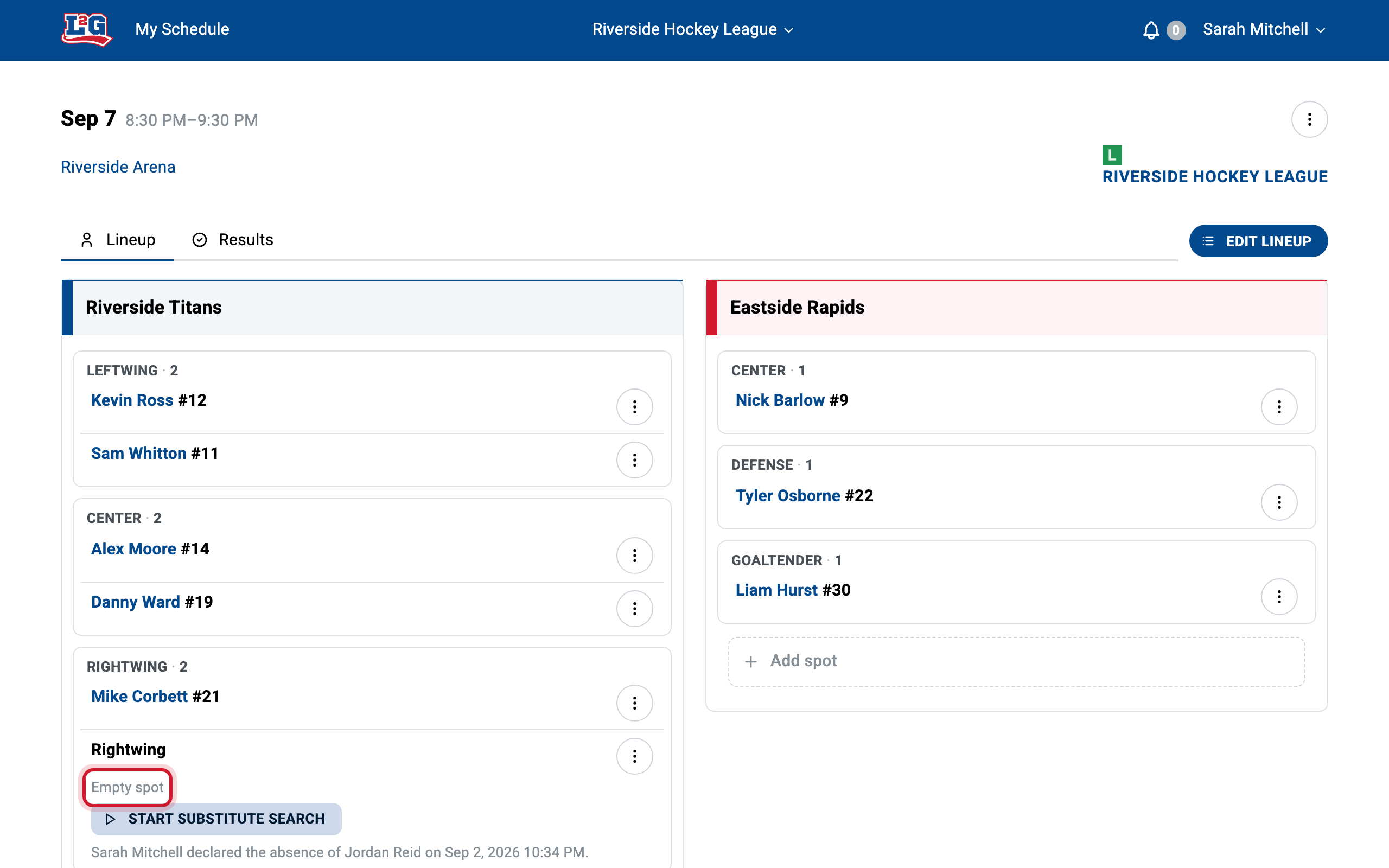 The game page shows both teams' lineups: every spot with its player's name, number and position, and an open spot left by a declared absence right in the lineup.