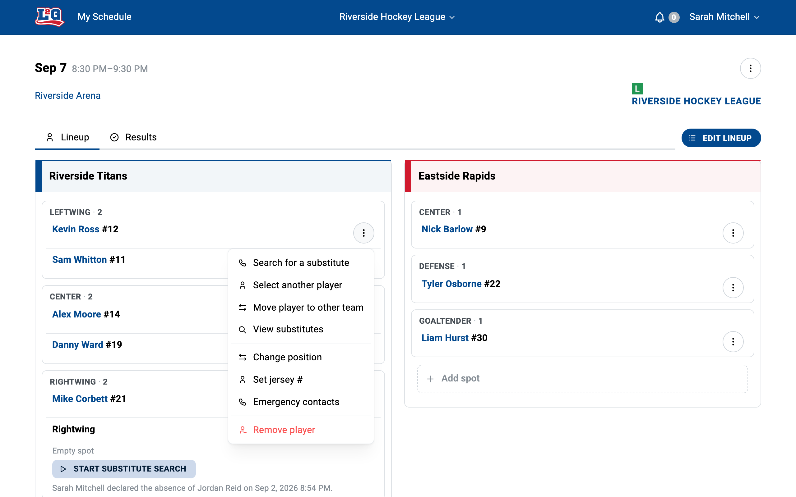 The spot menu gathers every action on a player's spot: search for a substitute, select another player, move them to the other team, change their position, and more.