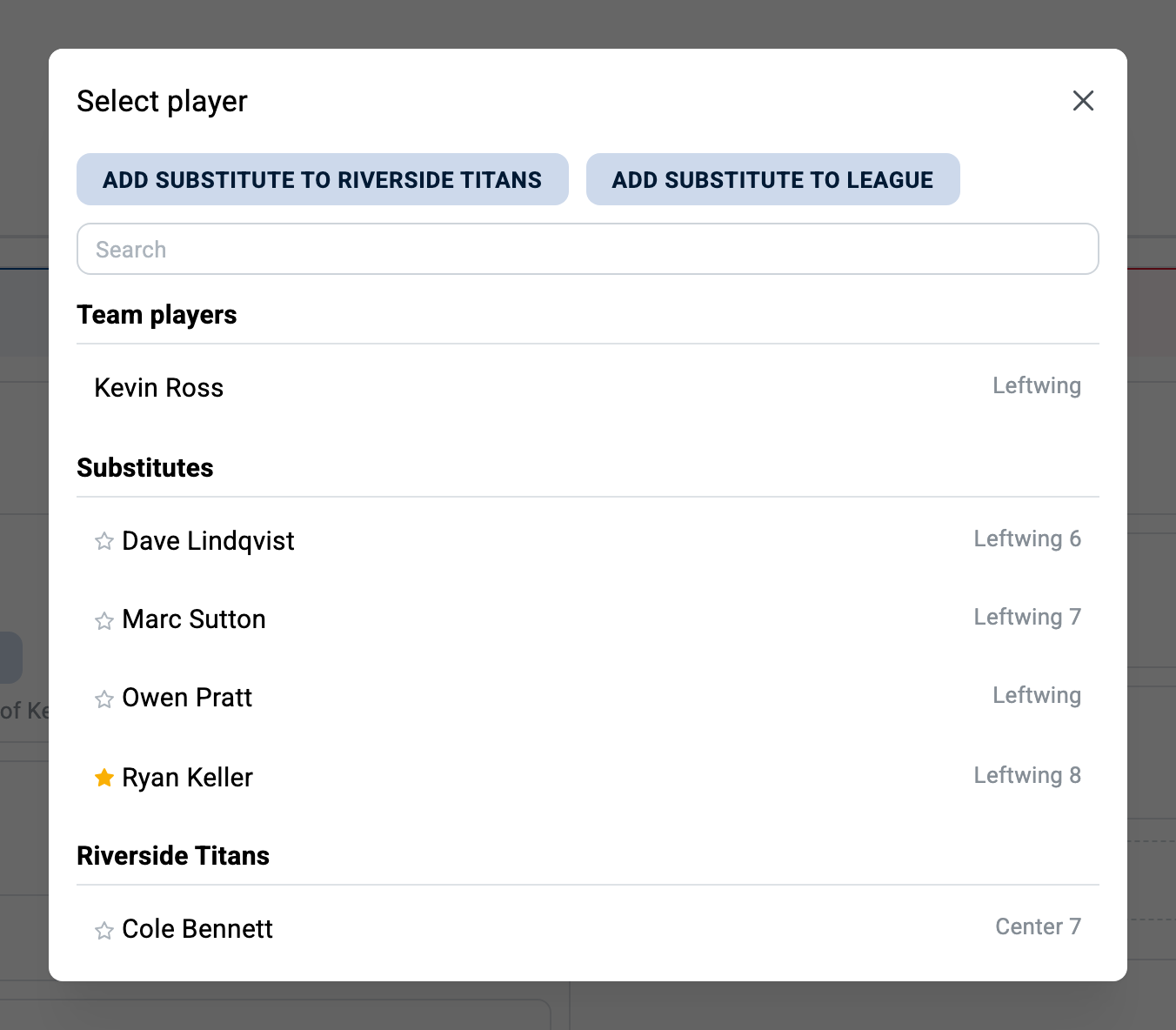 Replacing an absent player from the game page: available substitutes are listed with their rating beside each position.
