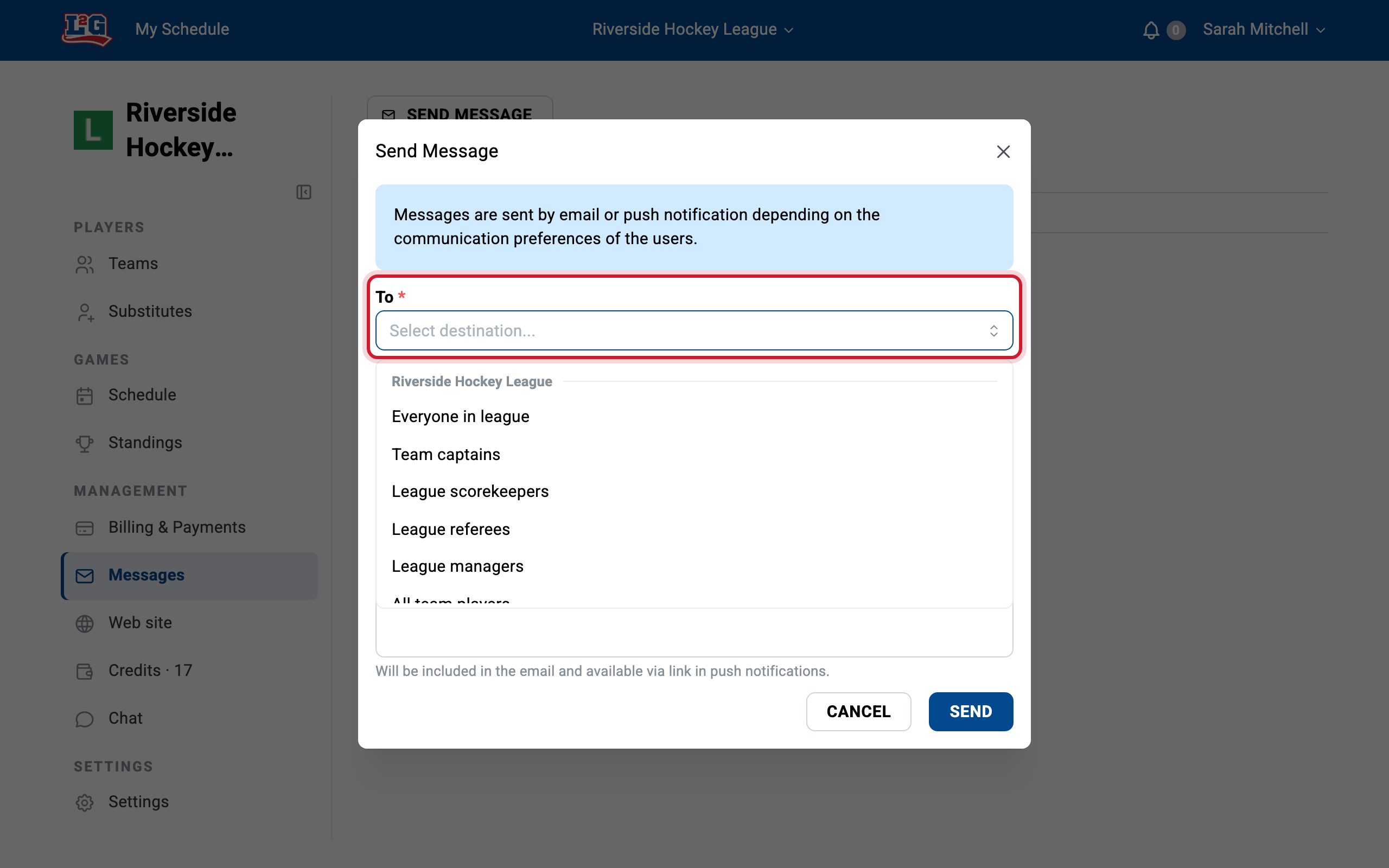 The Messaging tab's new-message form: pick recipients from the whole league, a team, or specific roles in the destination selector.
