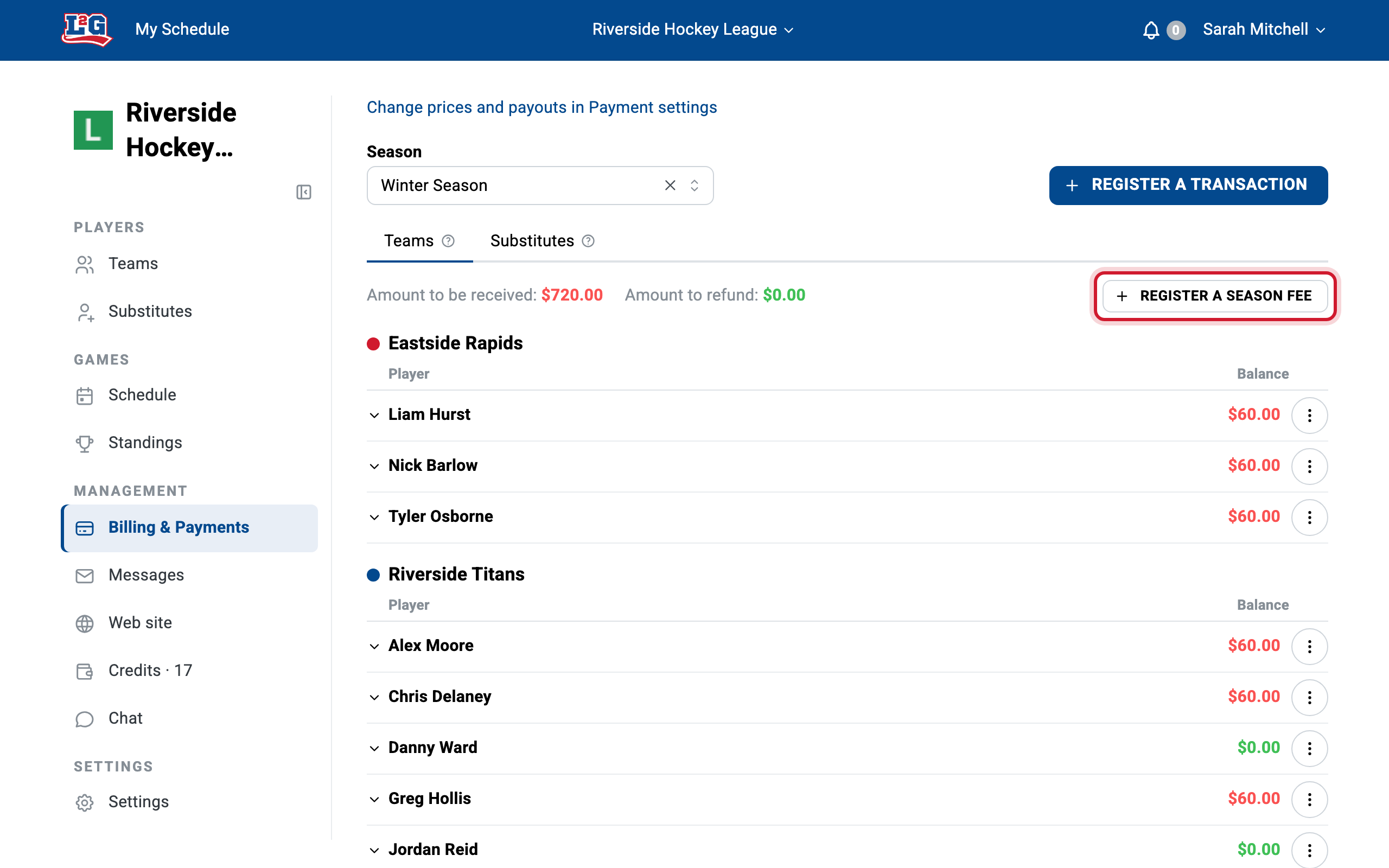 The Billing tab with the Register a season fee button on the team billing section header.