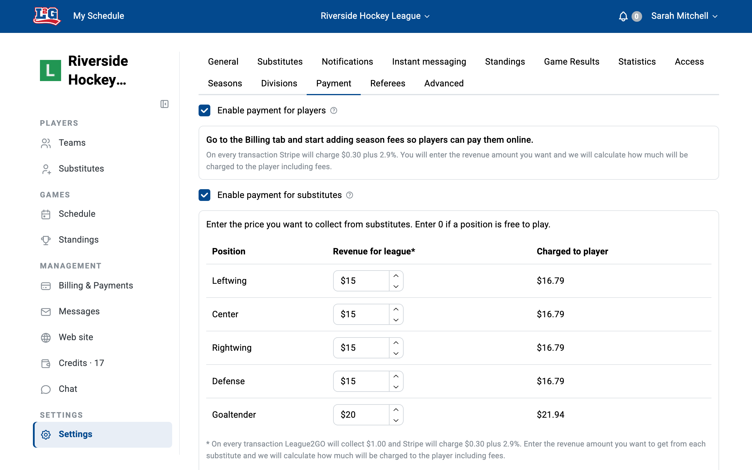 The Payment tab once the Stripe account is connected: player and substitute payments enabled, with the Stripe dashboard link.