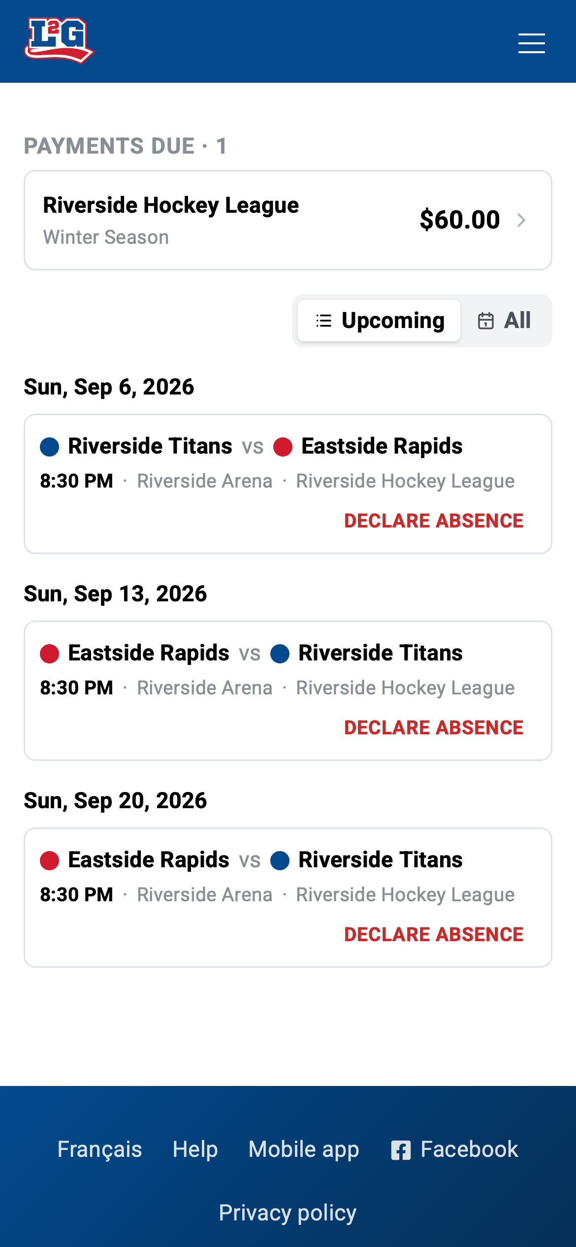 The player's schedule with the season fee due at the top; tapping the row opens the payment page.