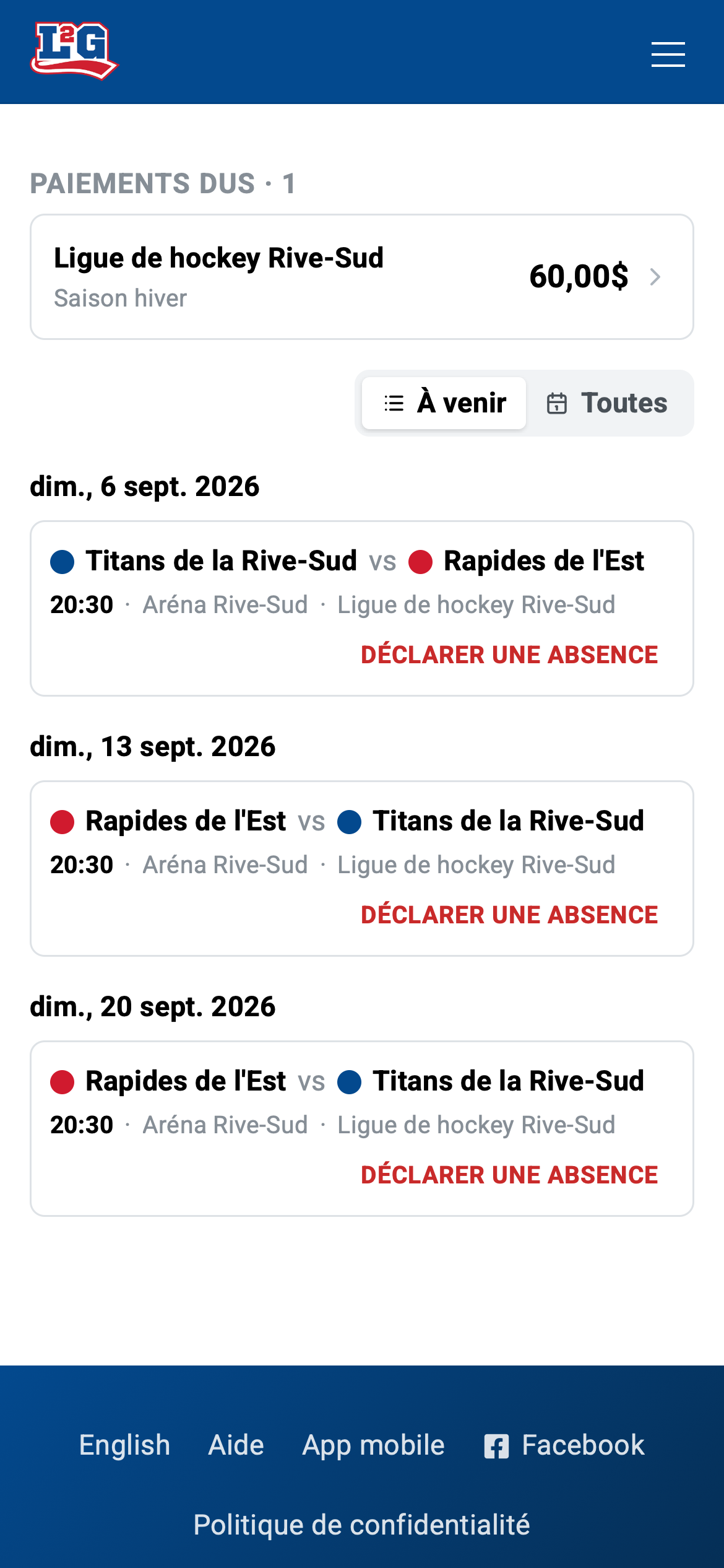 L'horaire du joueur avec le frais de saison dû affiché en haut; toucher la ligne ouvre la page de paiement.