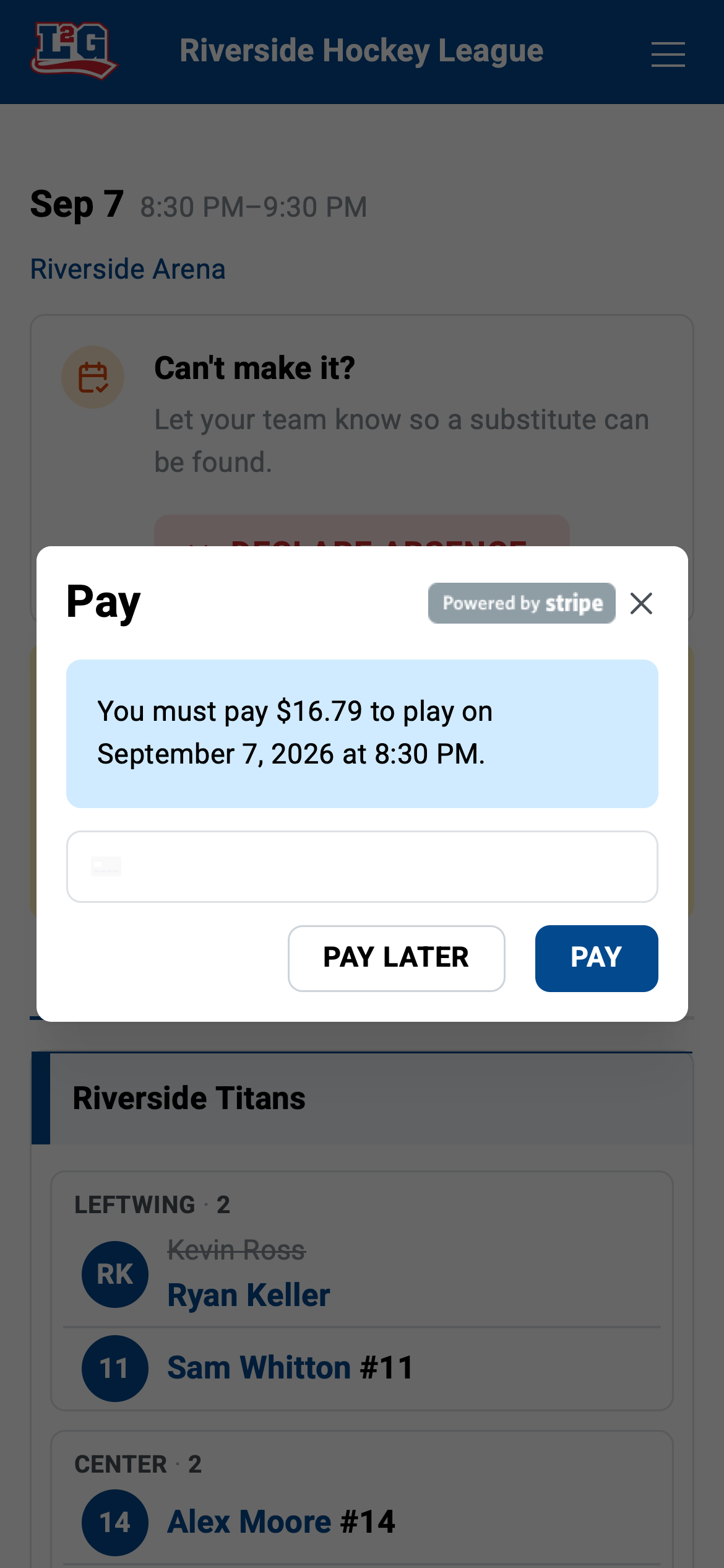 Accepting a paid substitution: the payment confirmation window shows the amount and the card form. Once a card has been used, it can be reused as the saved card option.