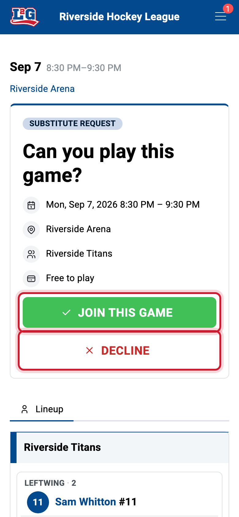 A substitution request: the game details with the green Join this game and red Decline buttons.