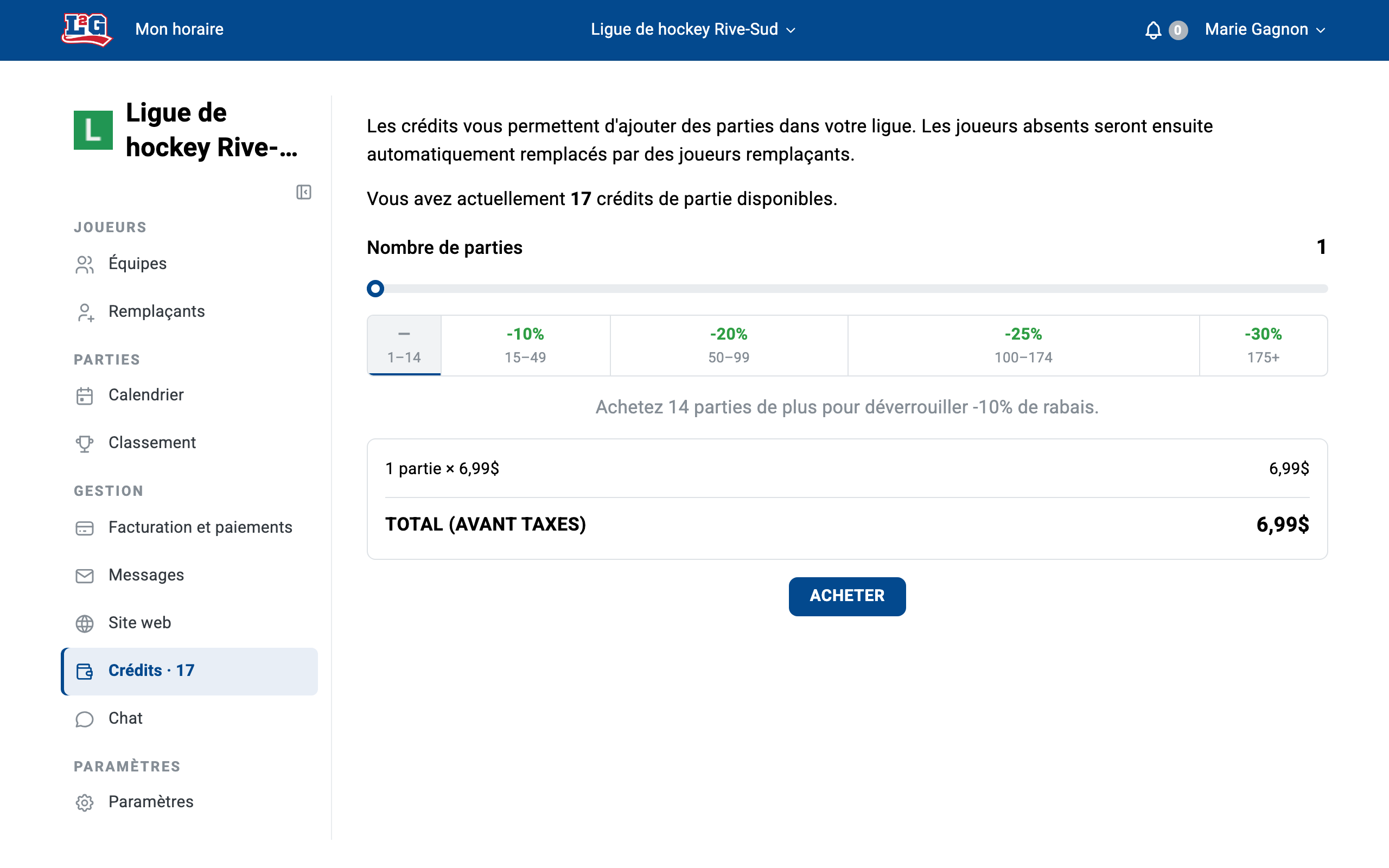 La page d'achat de crédits de partie : votre solde de crédits restant, le curseur de quantité avec les paliers de rabais de volume, et le sommaire du prix avant taxes.