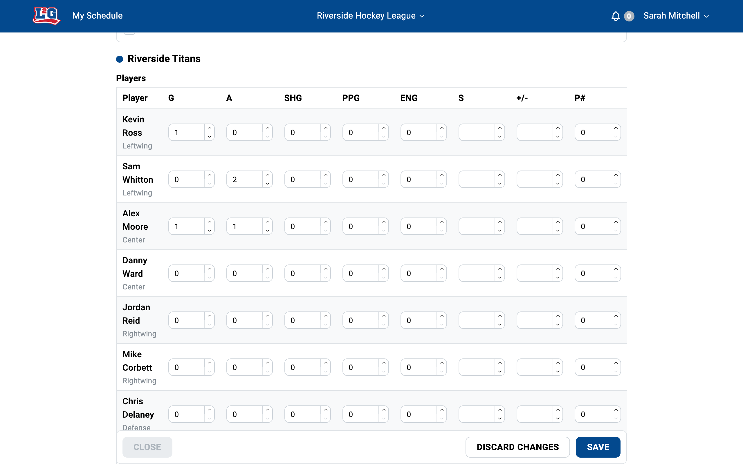 The per-player statistics grid in a game's Results tab, with goals and assists being entered for each player