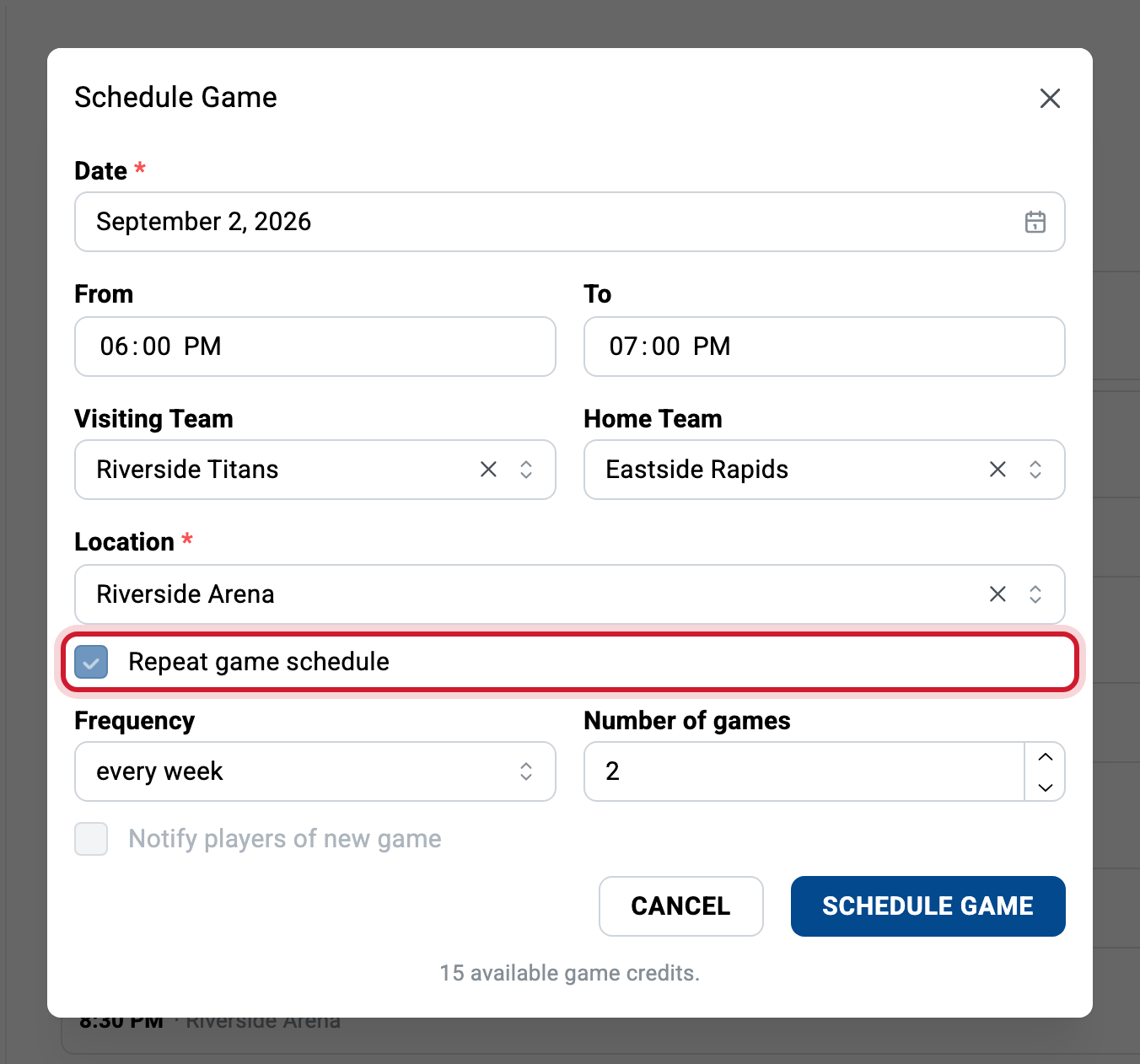 The Add game form with the date, times, teams and venue filled in, and the Repeat game schedule option checked to create a whole series at once.