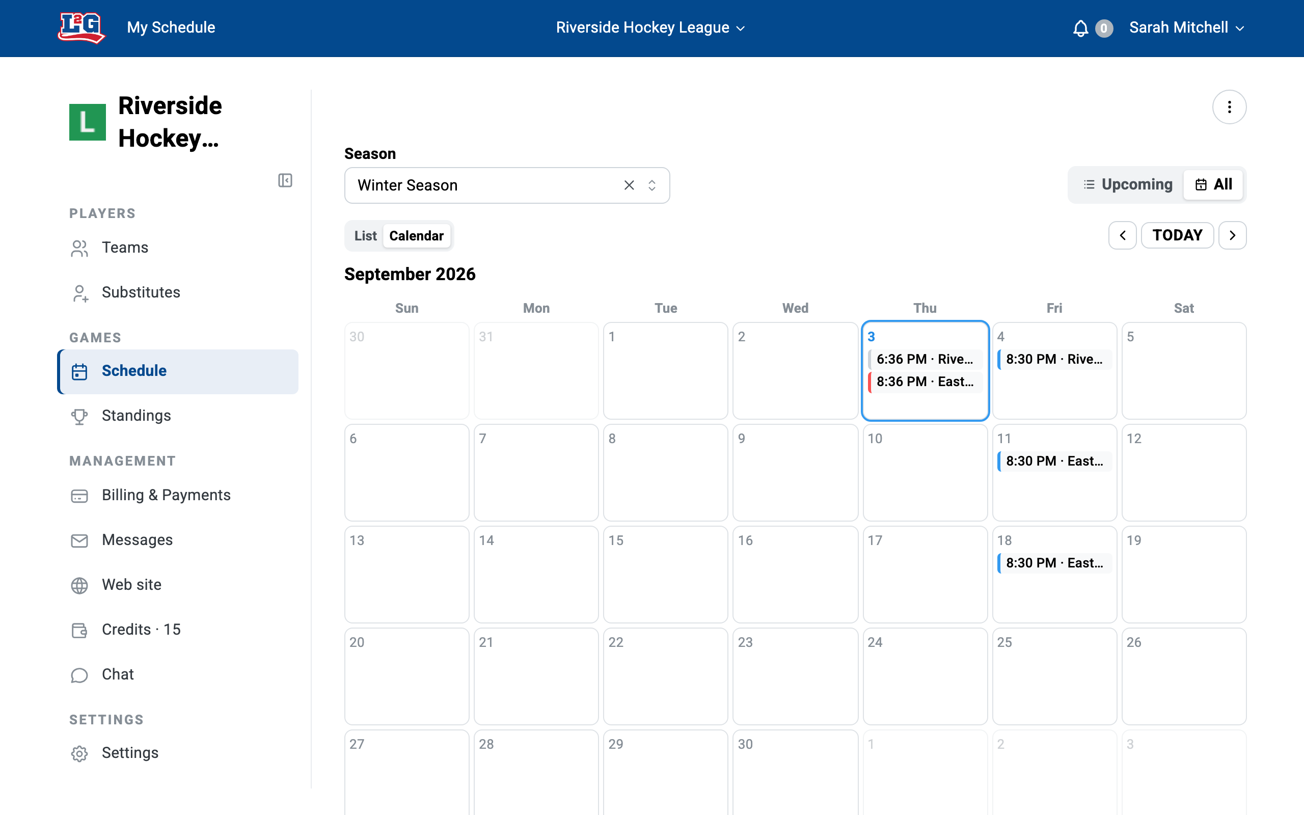 The month calendar's color codes: upcoming games carry a blue accent, a past game still waiting for its score is red, and completed games turn gray with the final score inline.