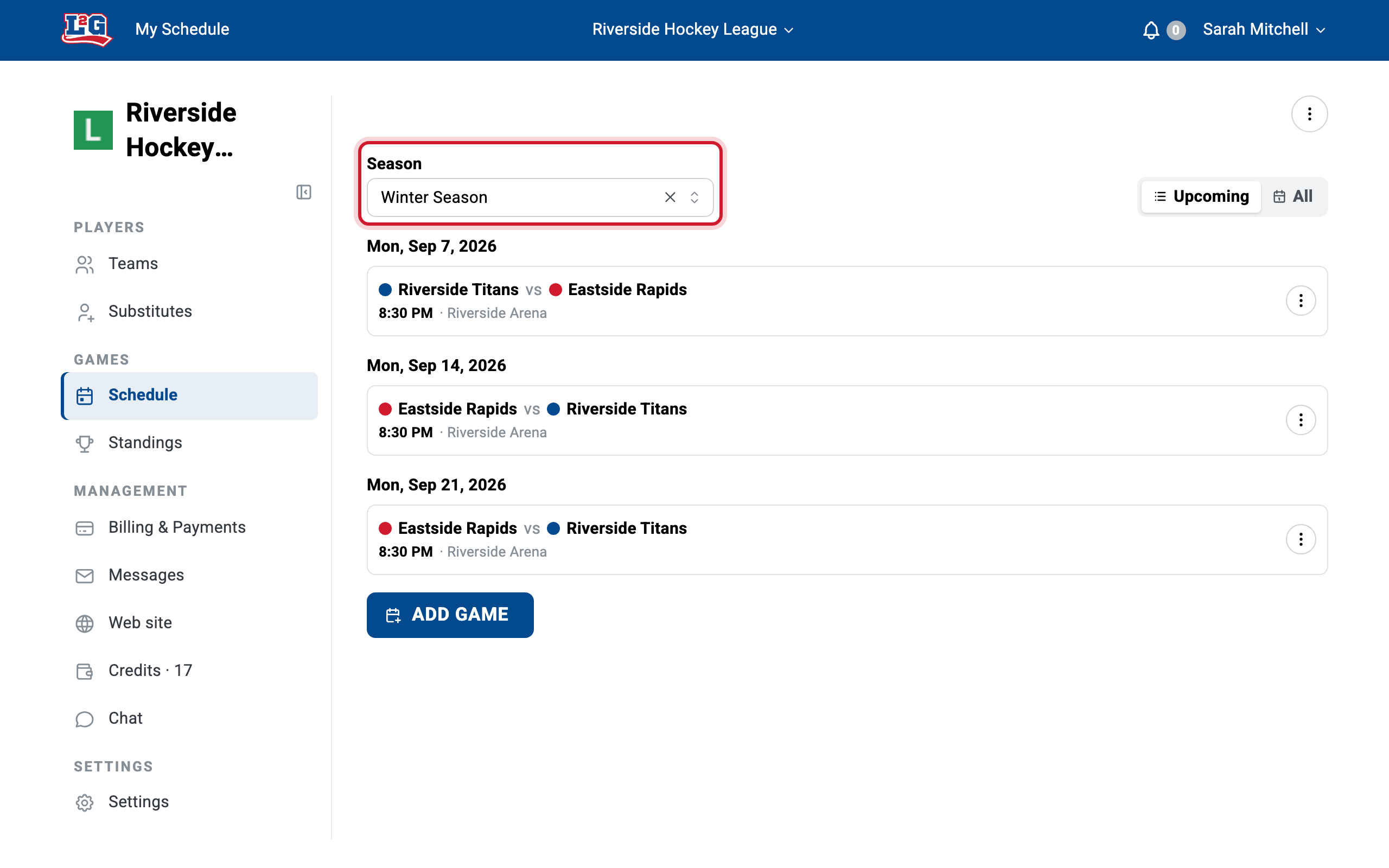 The league schedule with the current season selected in the Season filter; the X beside the season name clears the filter and shows every season's games.