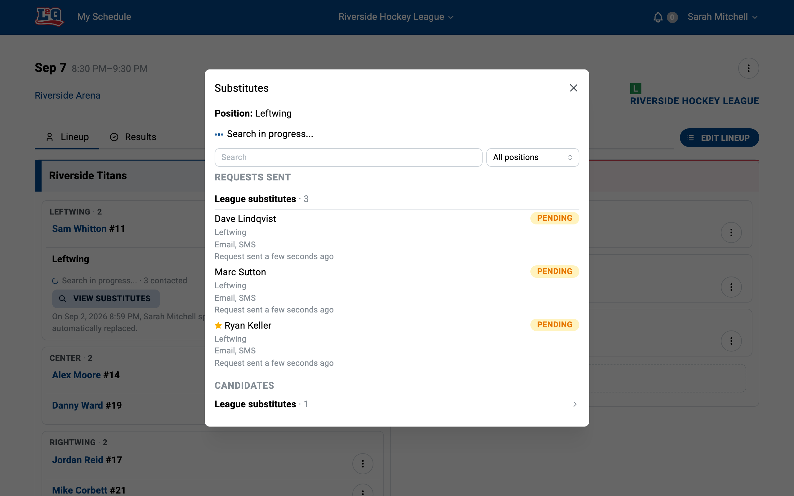 The View substitutes panel on a searching spot: every contacted substitute shows a 'Request sent' status with when the request went out.