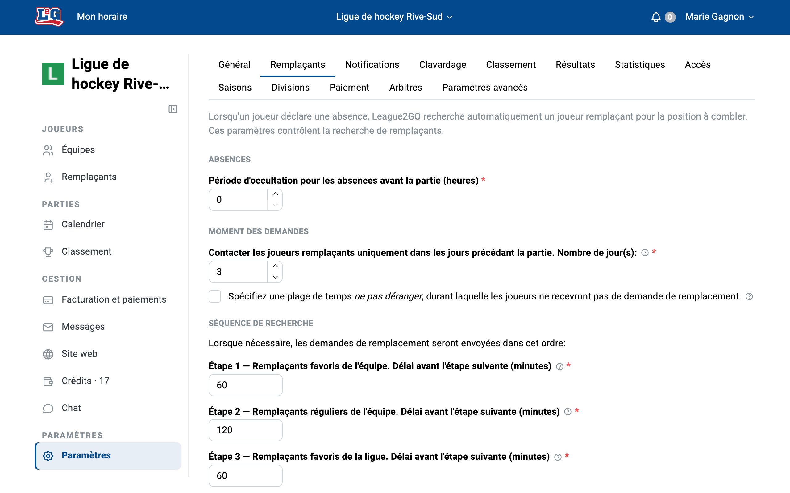 Paramètres de la ligue > Remplaçants : le moment où la recherche démarre (jours avant la partie) et la séquence de recherche étape par étape avec ses délais.