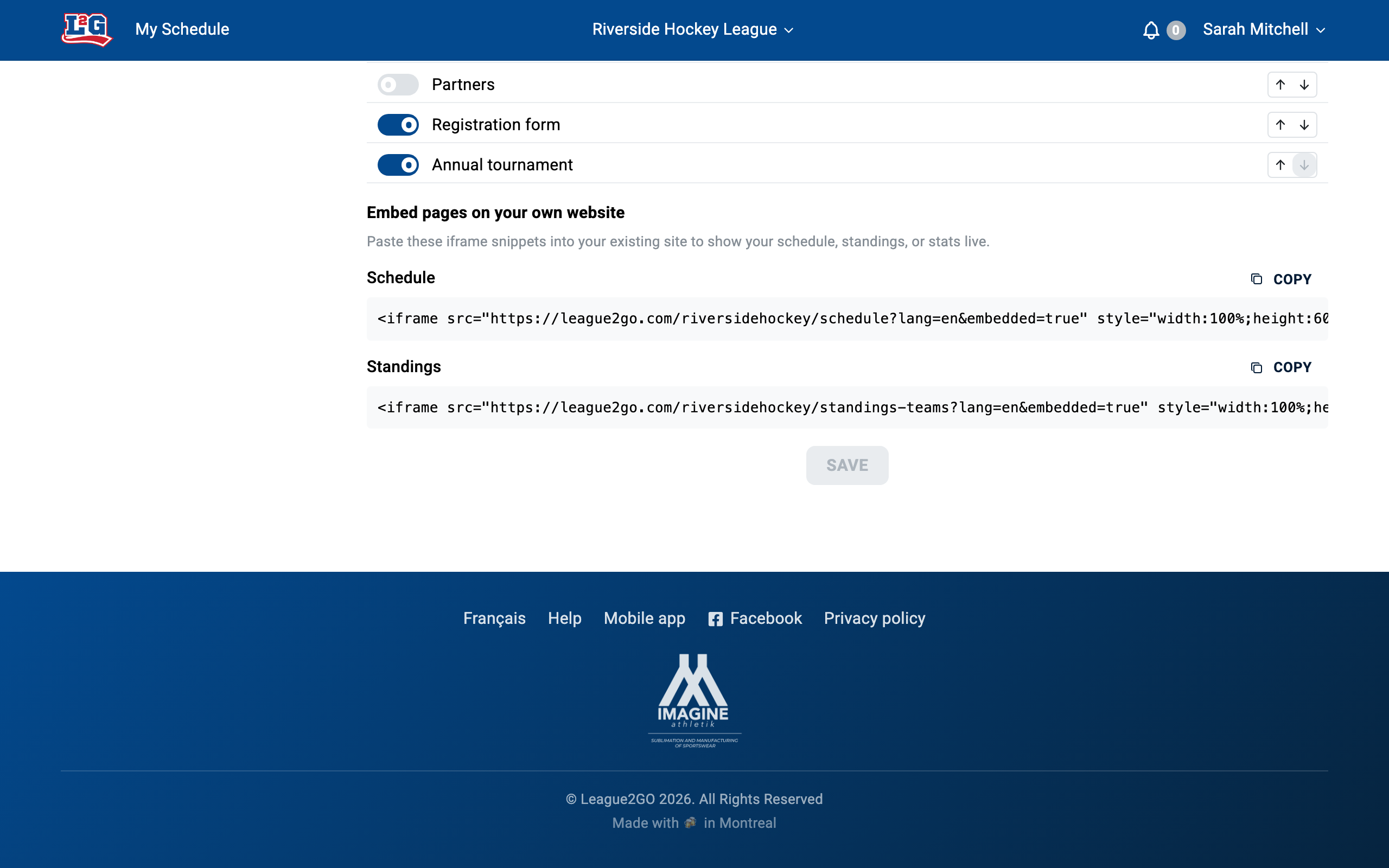 The embed section of the website tab: ready-to-paste iframe HTML for the schedule and standings pages, with a copy button beside each snippet.