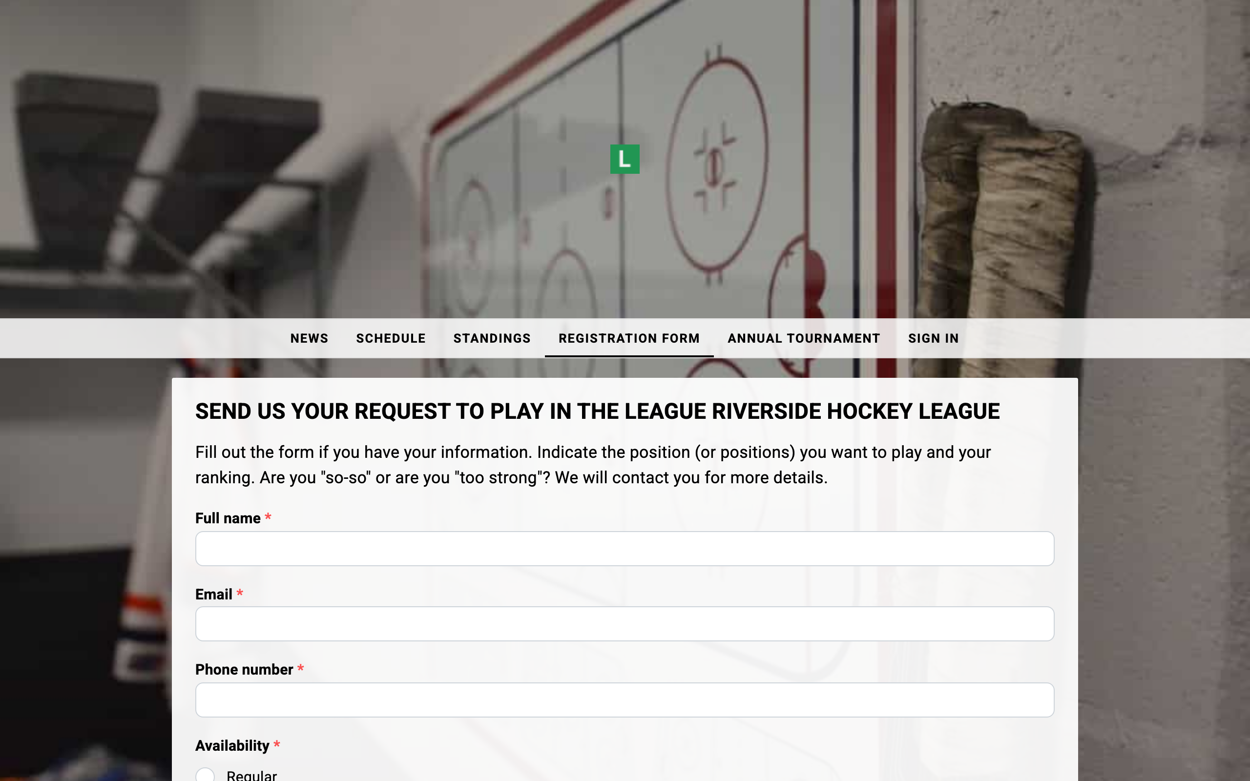 The public league website's registration page, as a visitor sees it. Submitted forms are emailed to the league managers.